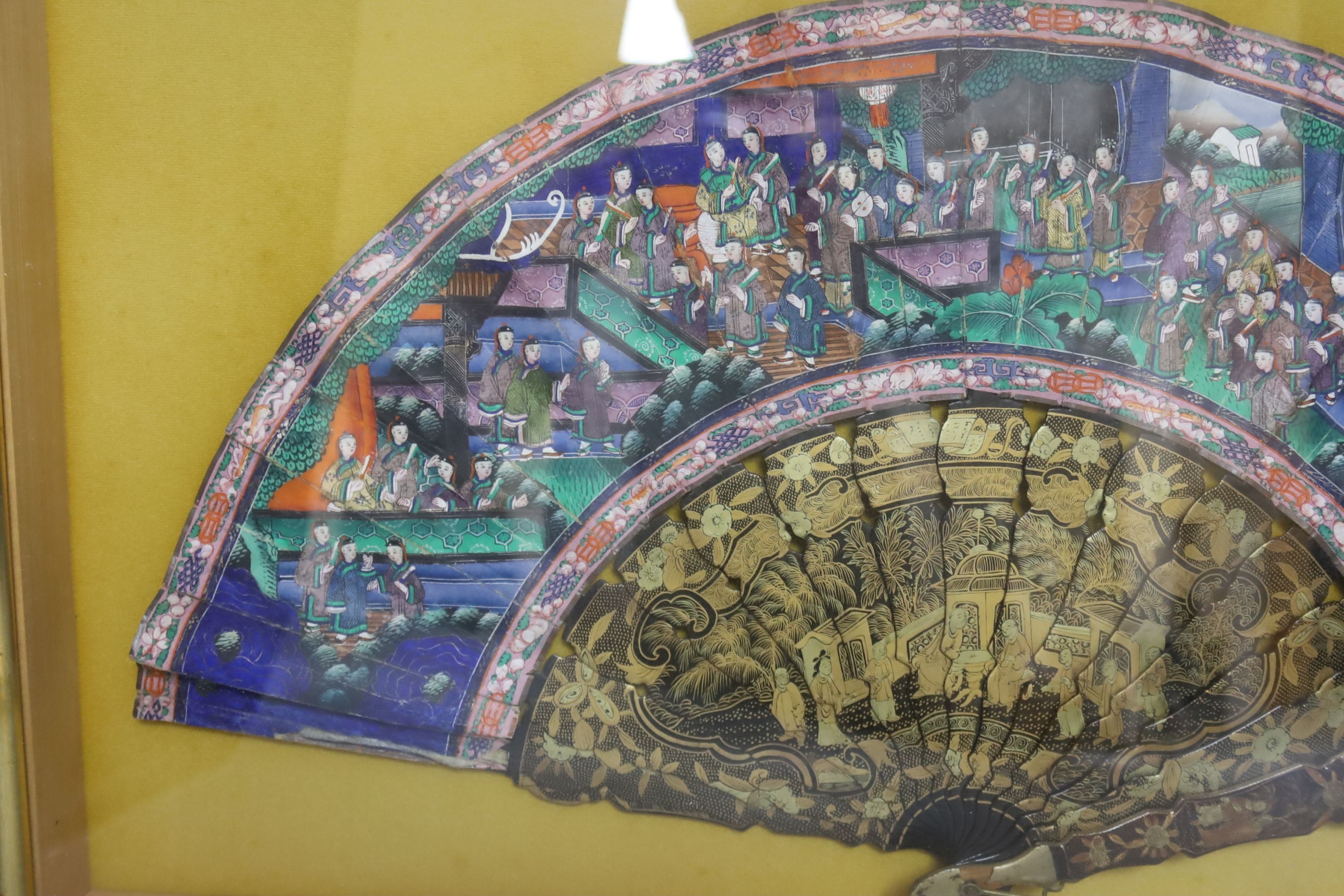 A cased 19th century Chinese Canton export gilt decorated lacquer fan, with painted paper leaf, case 35 x 59 cm